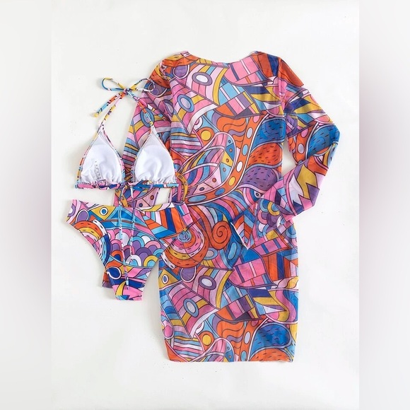 3 piece Allover Print Triangle Bikini & Cover Up - Picture 2 of 6